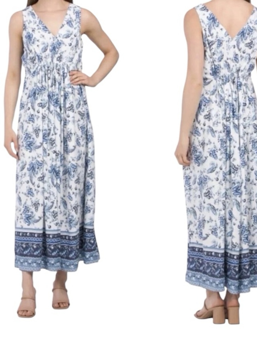 Lucky Brand White/Blue Paisley V-Neck Maxi Dress